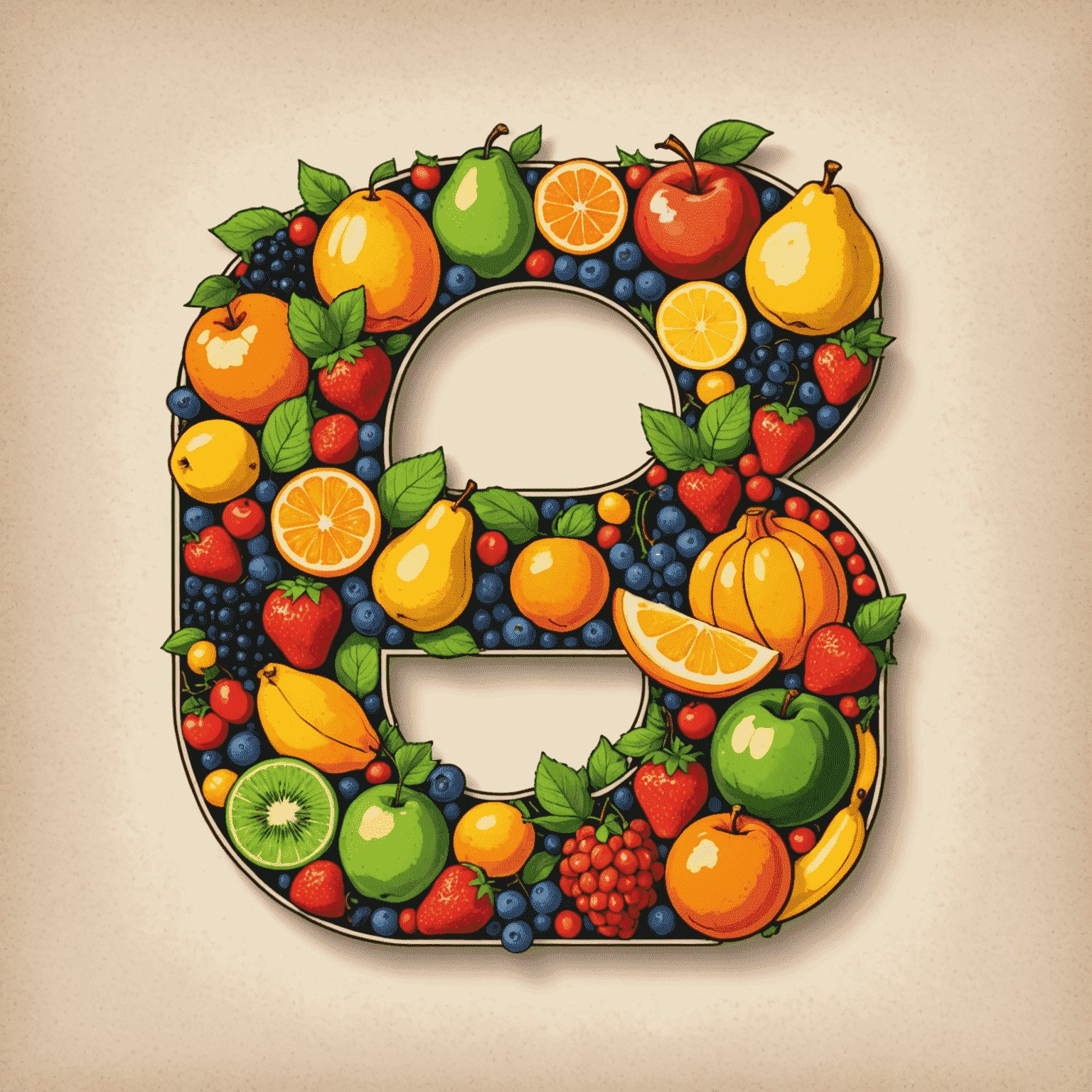 Ręcznie rysowane, kolorowe logo Bonanza Sklep przedstawiające różnorodne owoce ułożone w kształt litery B