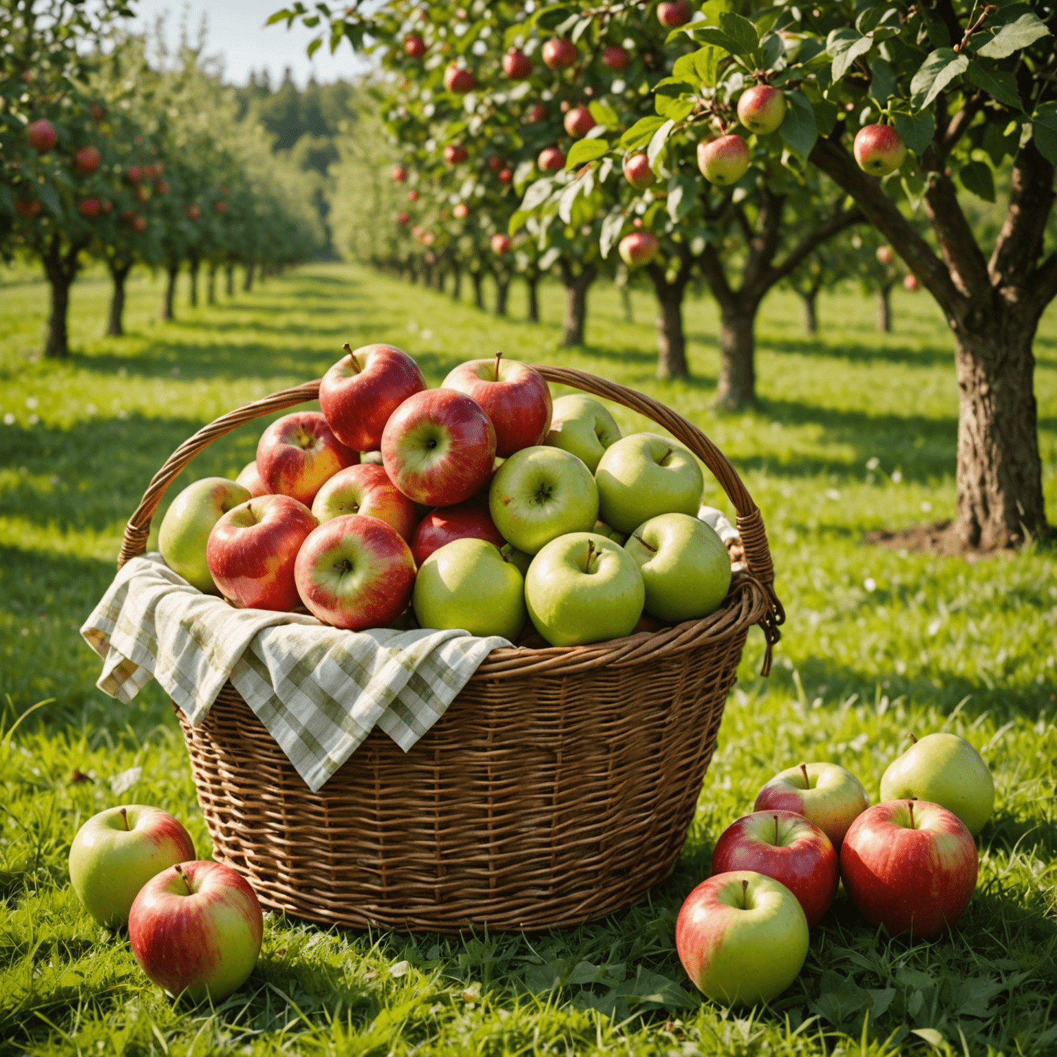 Świeże, soczyste jabłka organiczne ułożone w wiklinowym koszyku na tle zielonego sadu