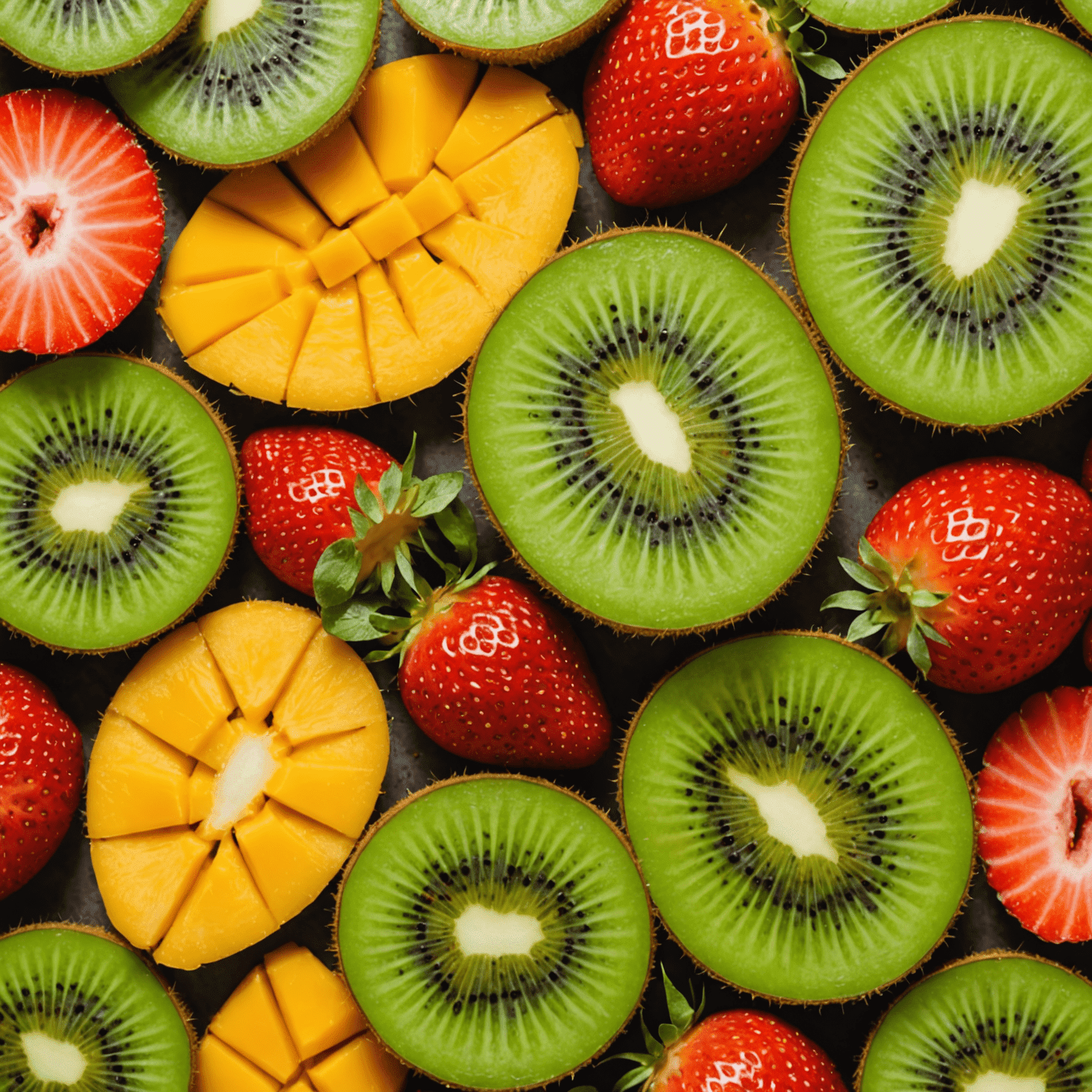 Zbliżenie na przekrojone owoce: kiwi, truskawki i mango, ukazujące ich soczysty miąższ i nasiona