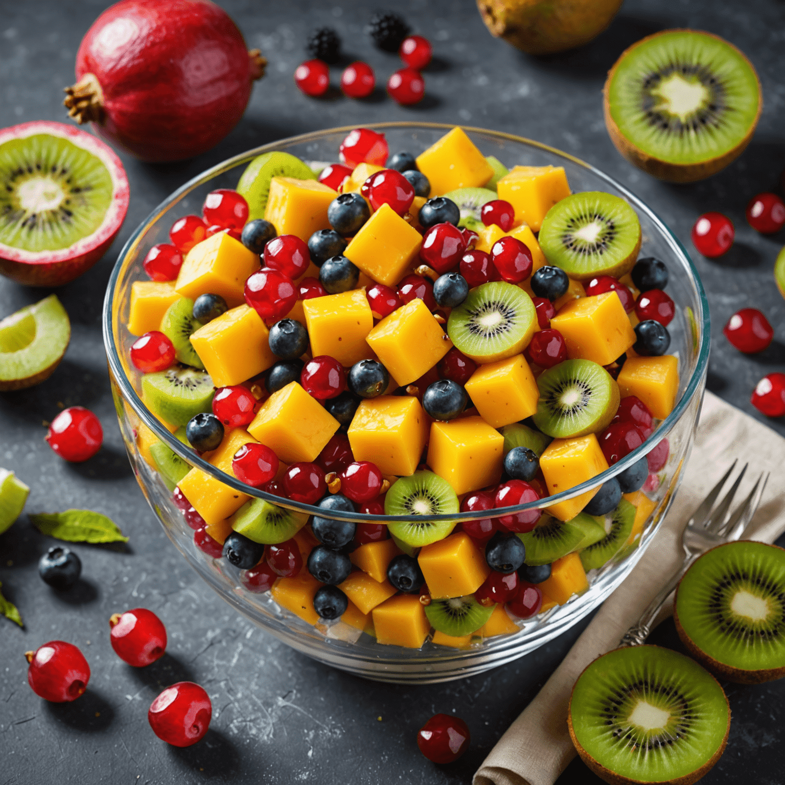 Kolorowa sałatka owocowa w szklanej misce, zawierająca kostki mango, nasiona granatu, kiwi i jagody