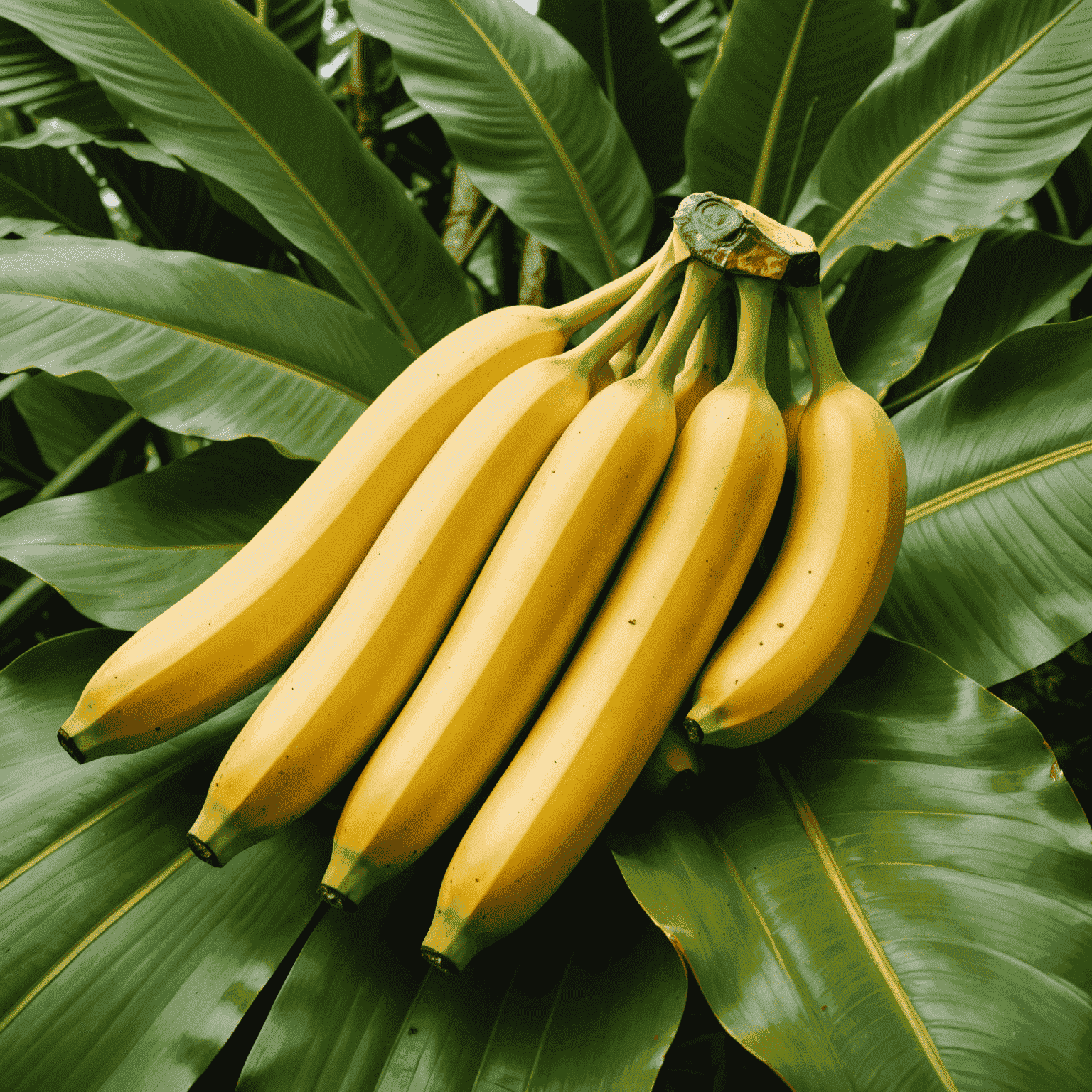 Kiść dojrzałych, organicznych bananów o złocistym kolorze na liściu bananowca