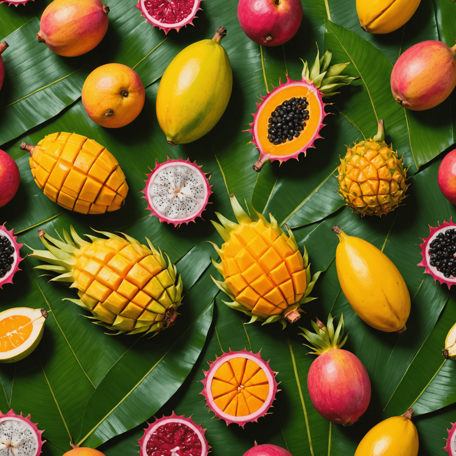 Egzotyczne owoce takie jak mango, papaja, smoczy owoc i liczi ułożone na liściach bananowca