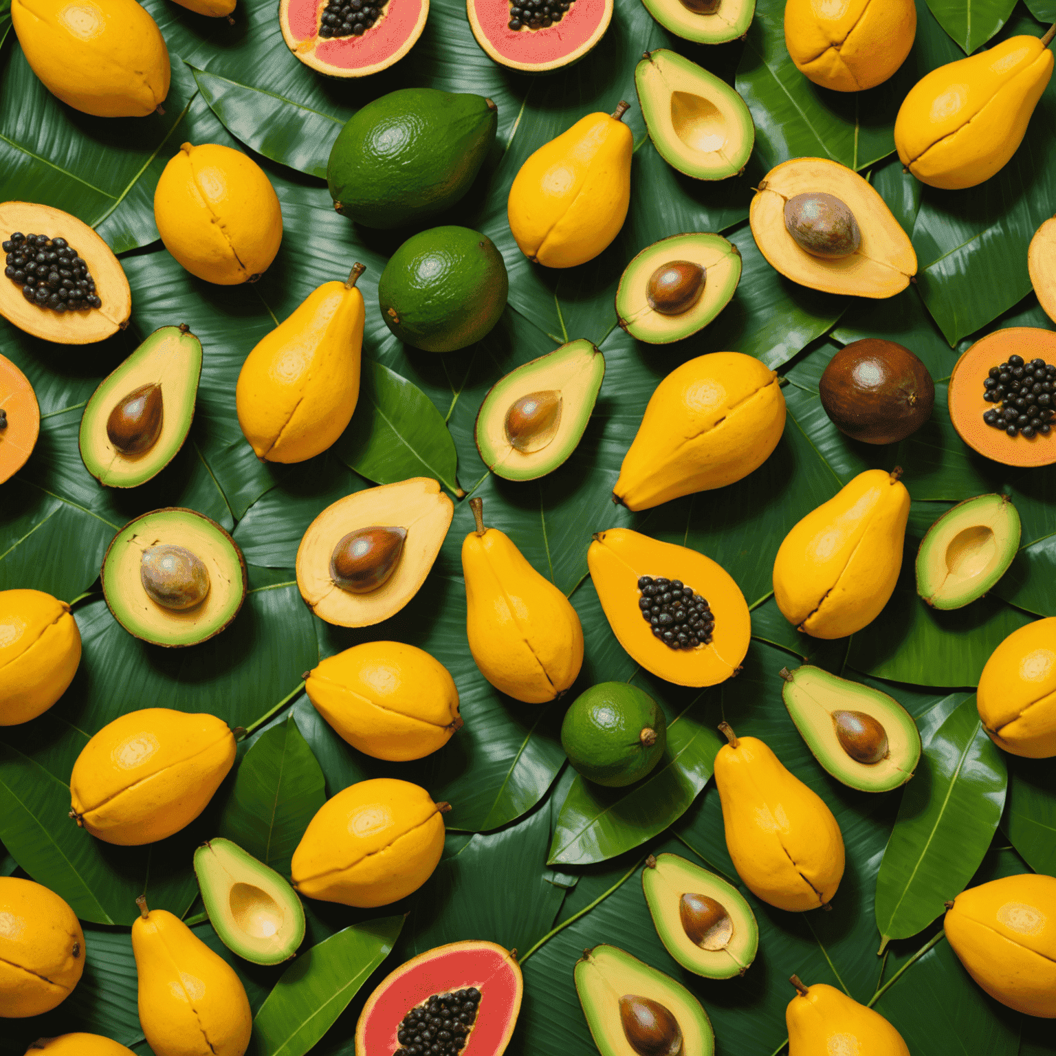 Kolorowa aranżacja egzotycznych owoców: karambole, awokado i mango, ułożone na liściach bananowca