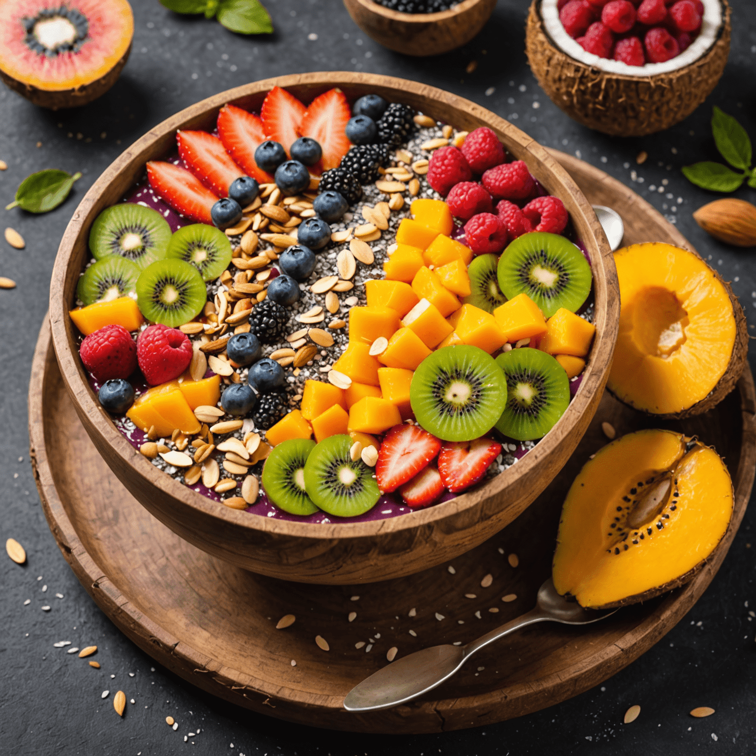 Kolorowy smoothie bowl z różnymi owocami, nasionami chia i płatkami migdałów, podany w kokosowej misce