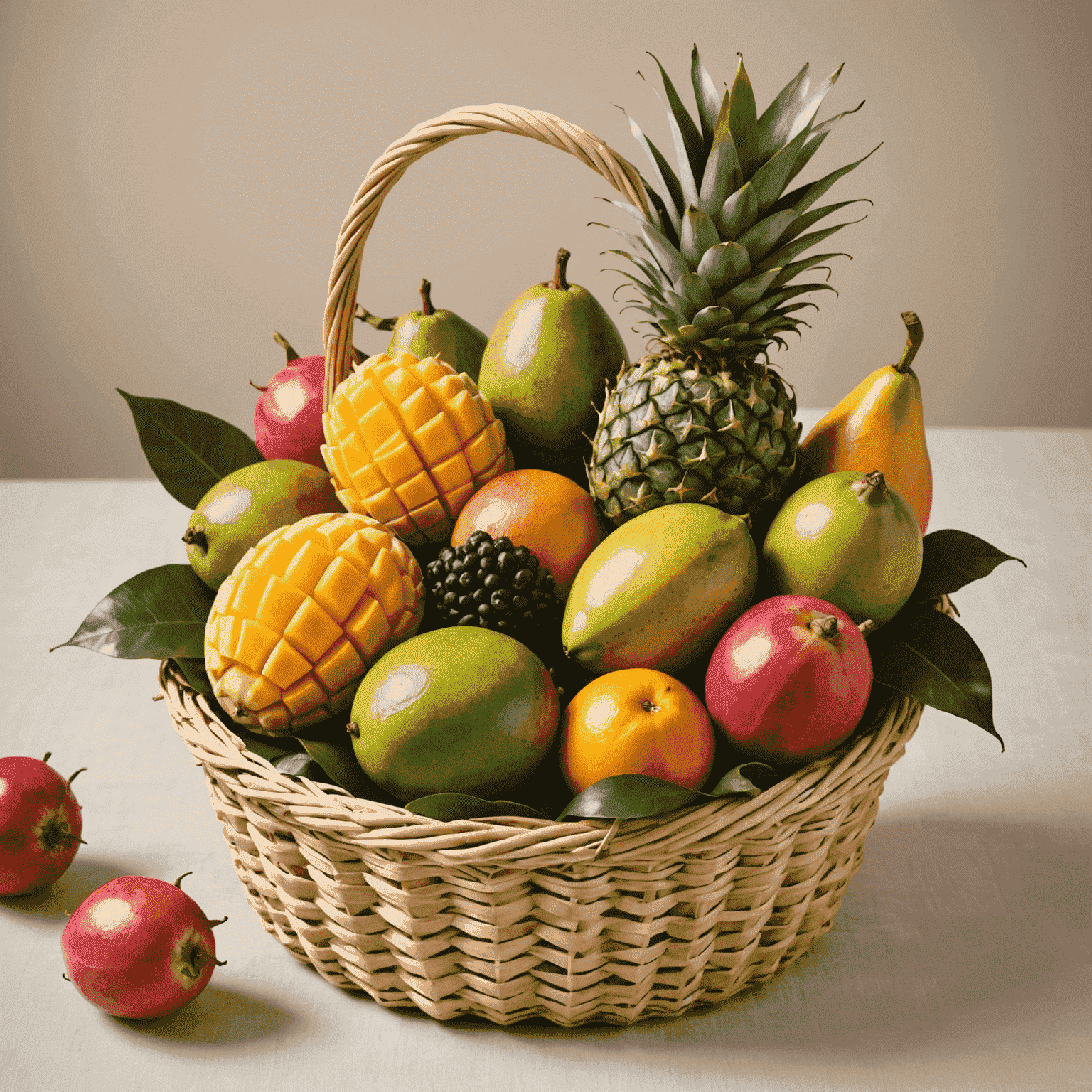 Luksusowy kosz z egzotycznymi owocami, takimi jak mango, papaja i smoczy owoc
