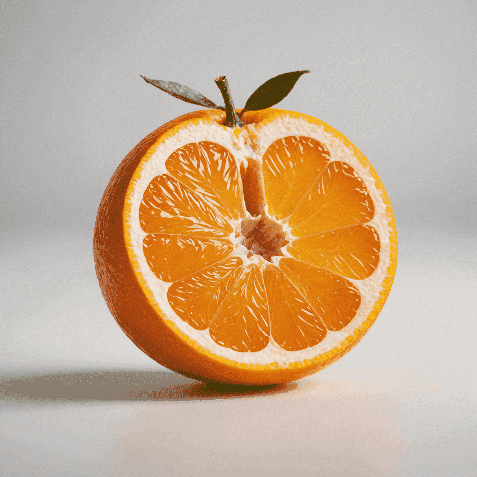 Przekrojona na pół organiczna pomarańcza ukazująca soczysty miąższ na jasnym tle
