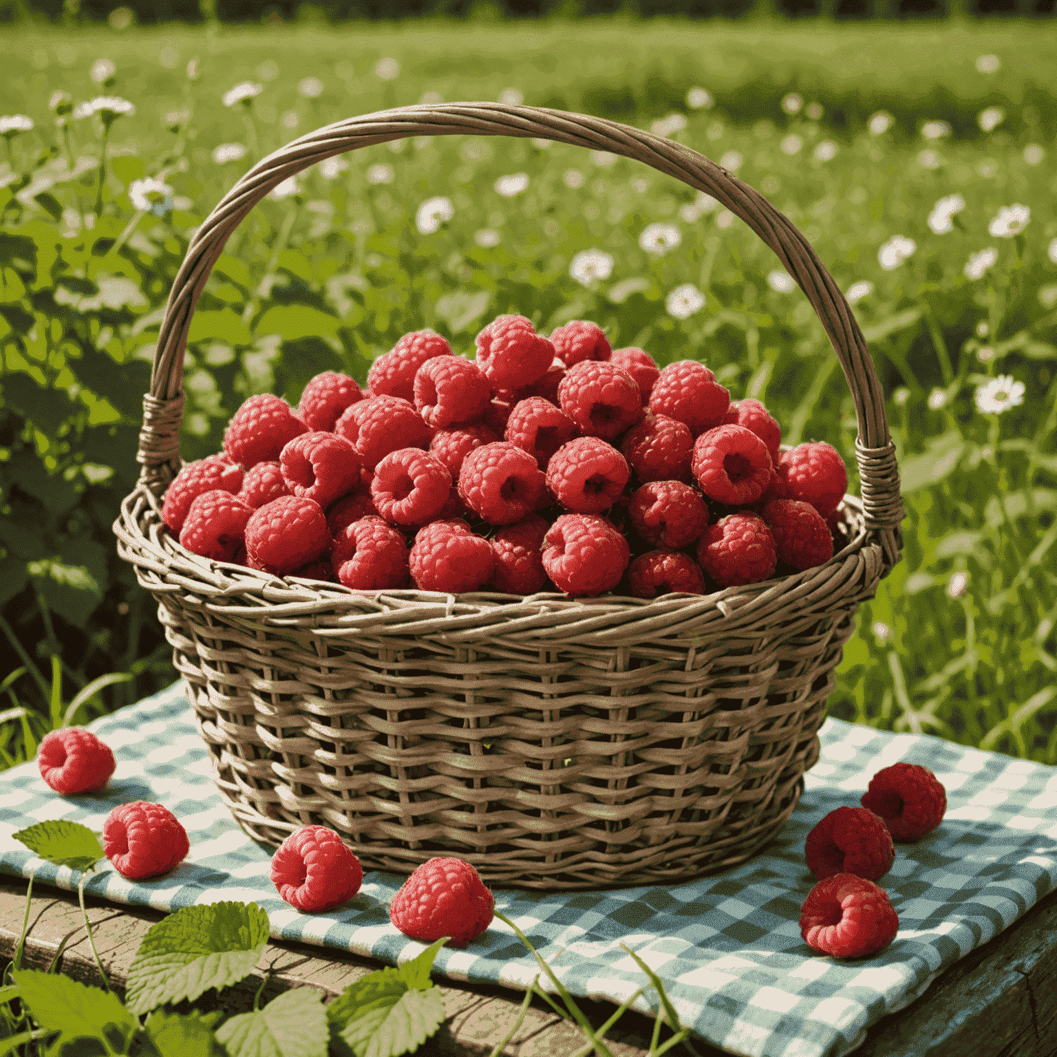 Świeże organiczne maliny w wiklinowym koszyku na tle zielonej łąki