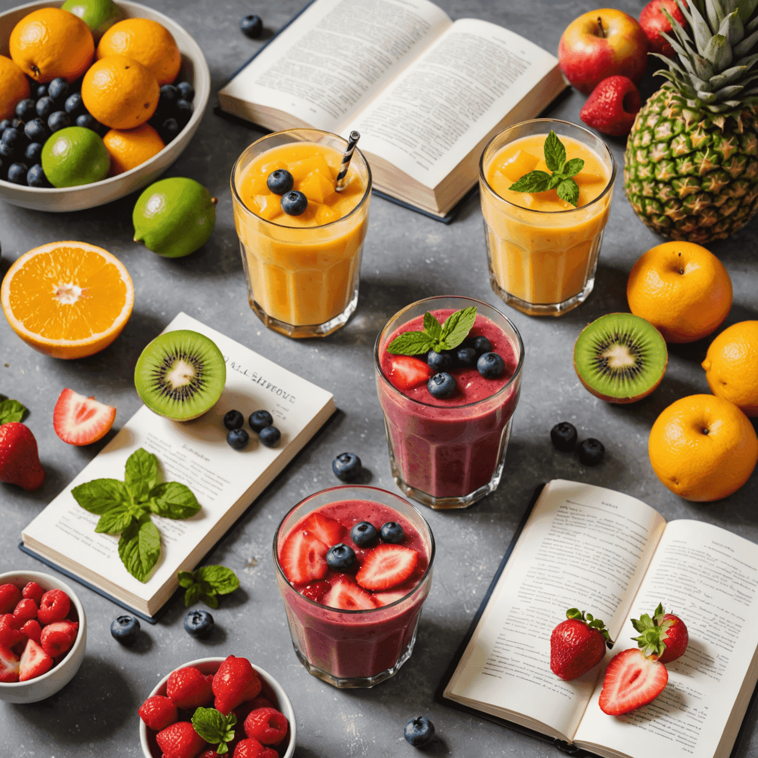 Kolorowe sałatki owocowe i smoothie w szklankach, obok świeżych owoców i książki kucharskiej